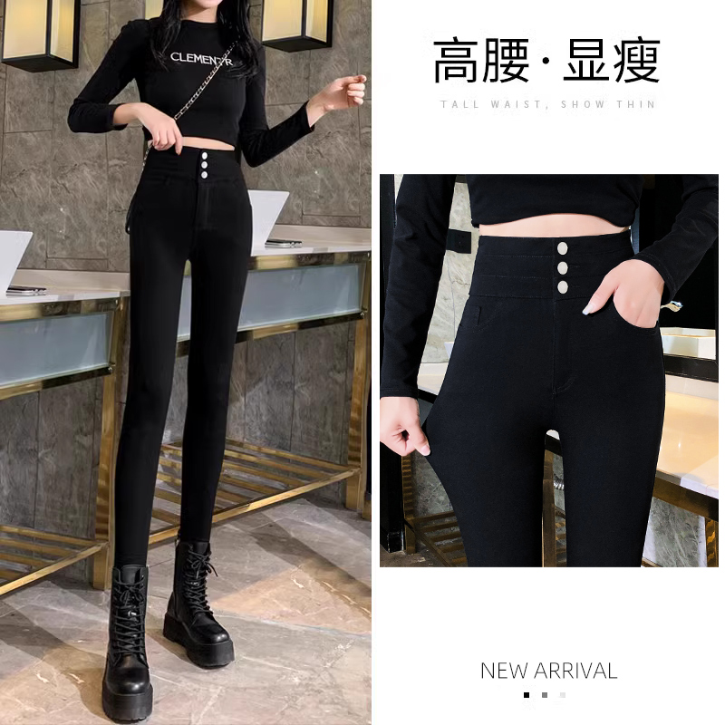高腰打底裤女秋冬外穿2025新款加绒黑色紧身弹力小黑裤铅笔小脚裤
