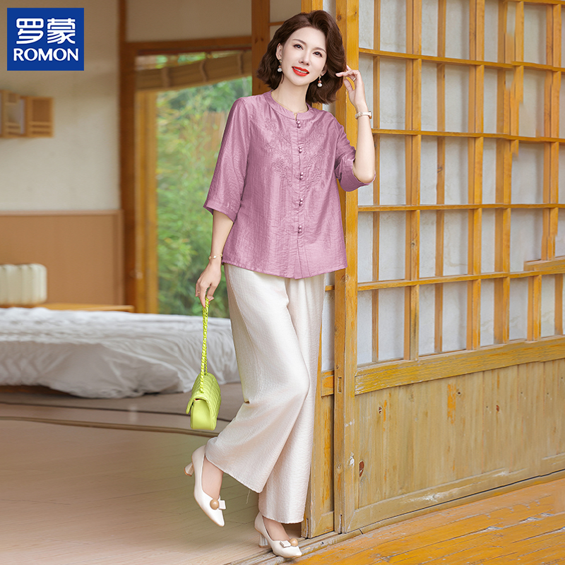 罗蒙洋气时尚妈妈夏装套装新款小衫中老年女装夏季舒适减龄两件套