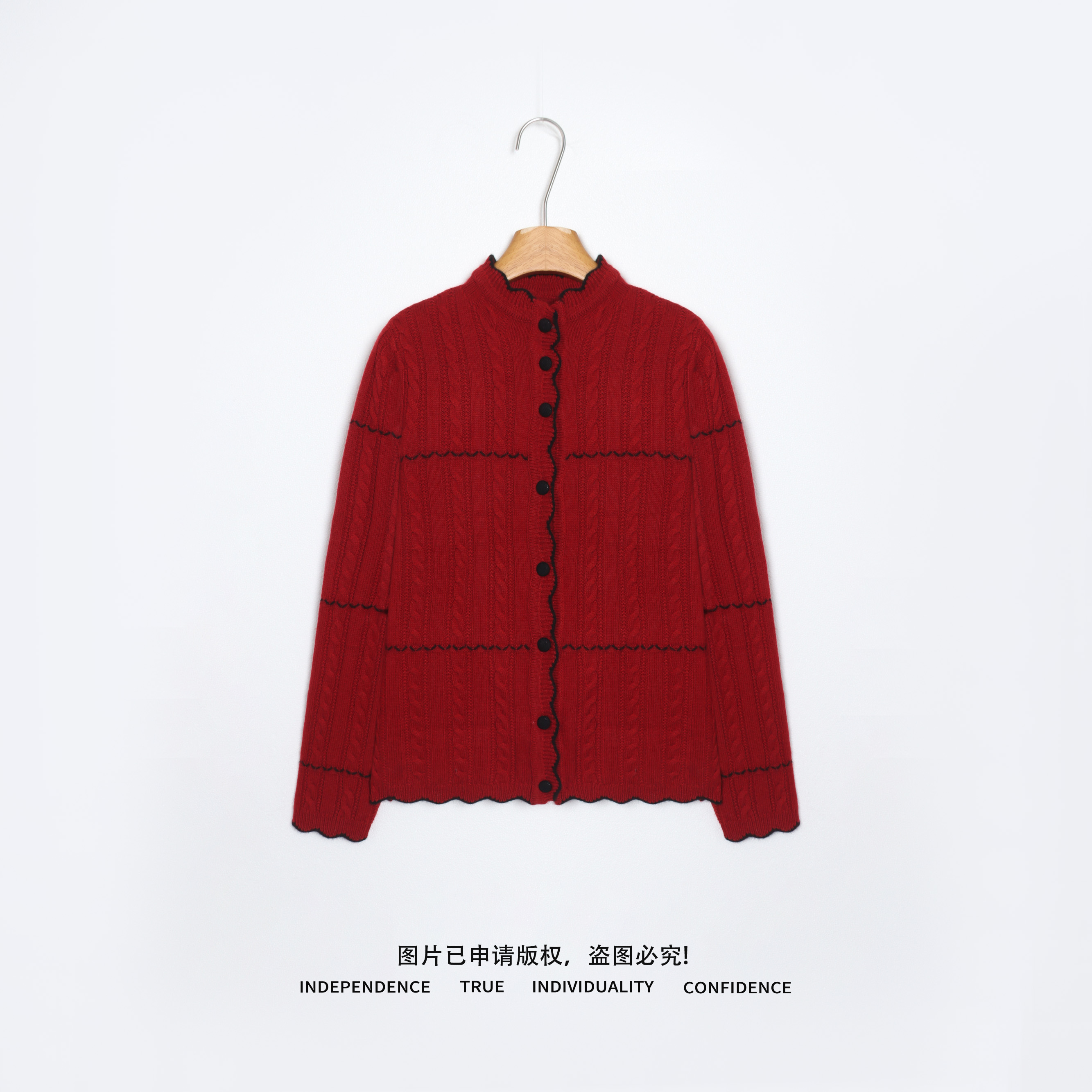 温温W【暖冬绯色】绵羊毛山羊绒设计感圆领针织开衫女冬款  0201