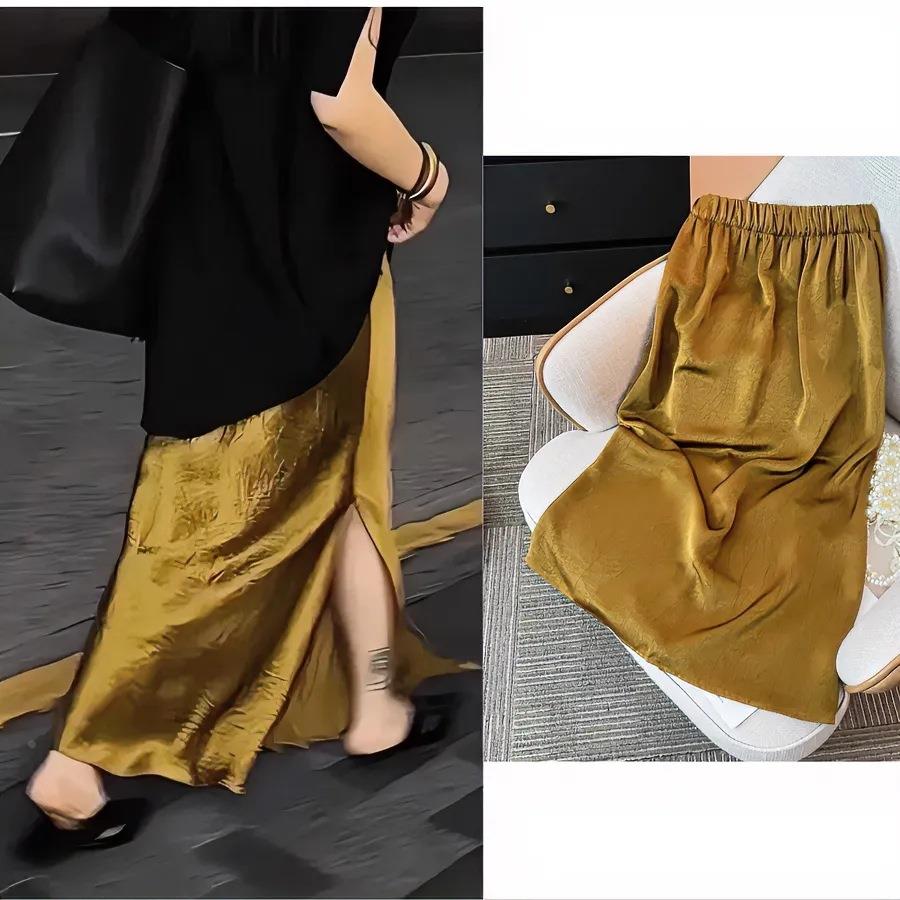 新款中式纯色国风开叉宽松减龄显瘦缎面松紧半身裙裙子