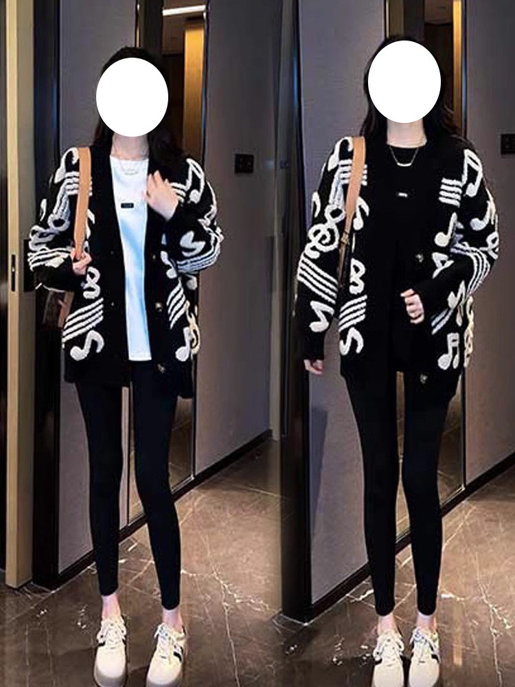 慵懒风时尚中长款针织衫女秋冬季毛衣开衫外套黑色长袖上衣外套潮