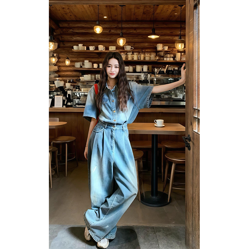 蓝色韩系气质做旧复古牛仔连体裤女2025夏季新款一体式酷飒连衣裤