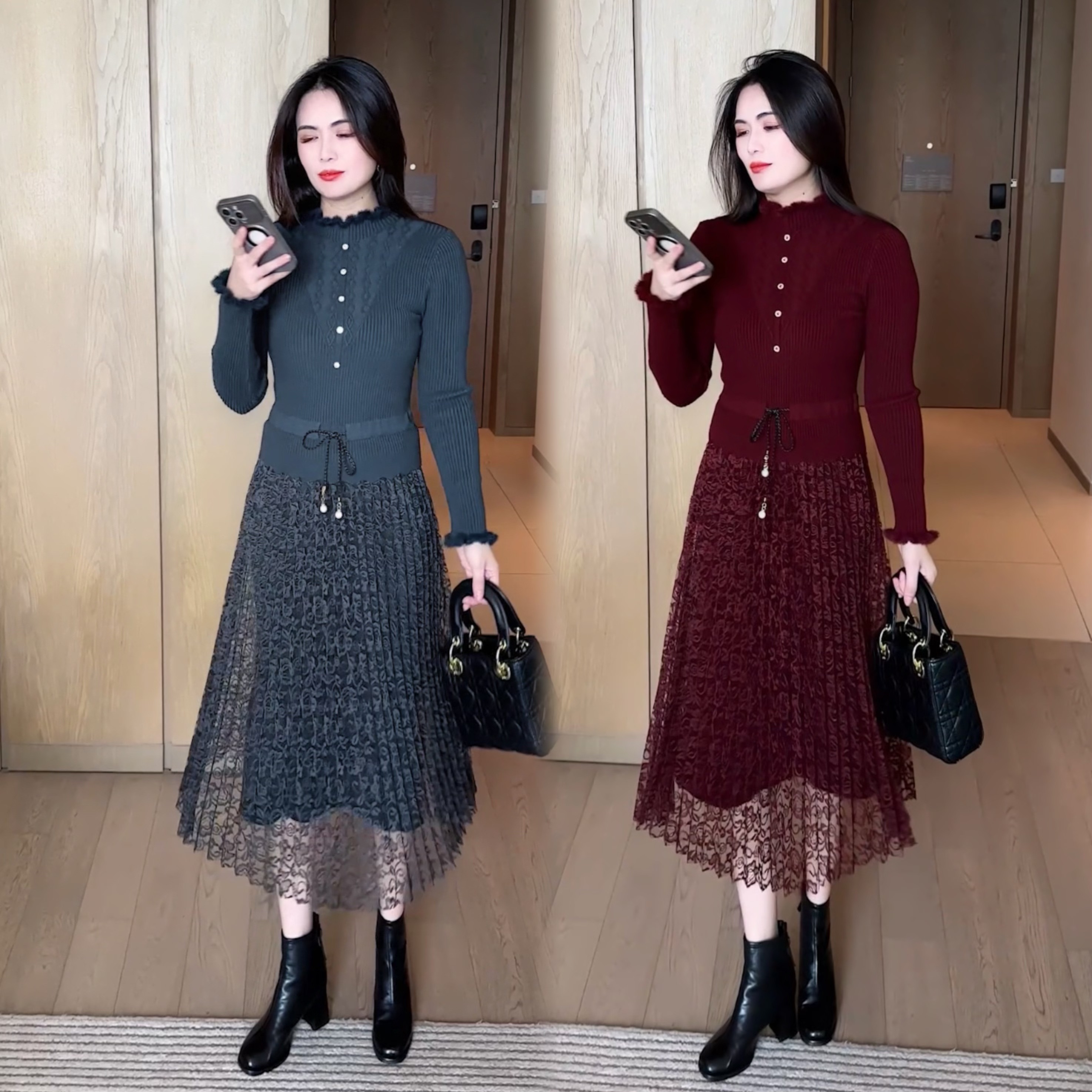 针织连衣裙春秋2025年新款时尚显瘦洋气秋装配大衣假两件连衣裙子