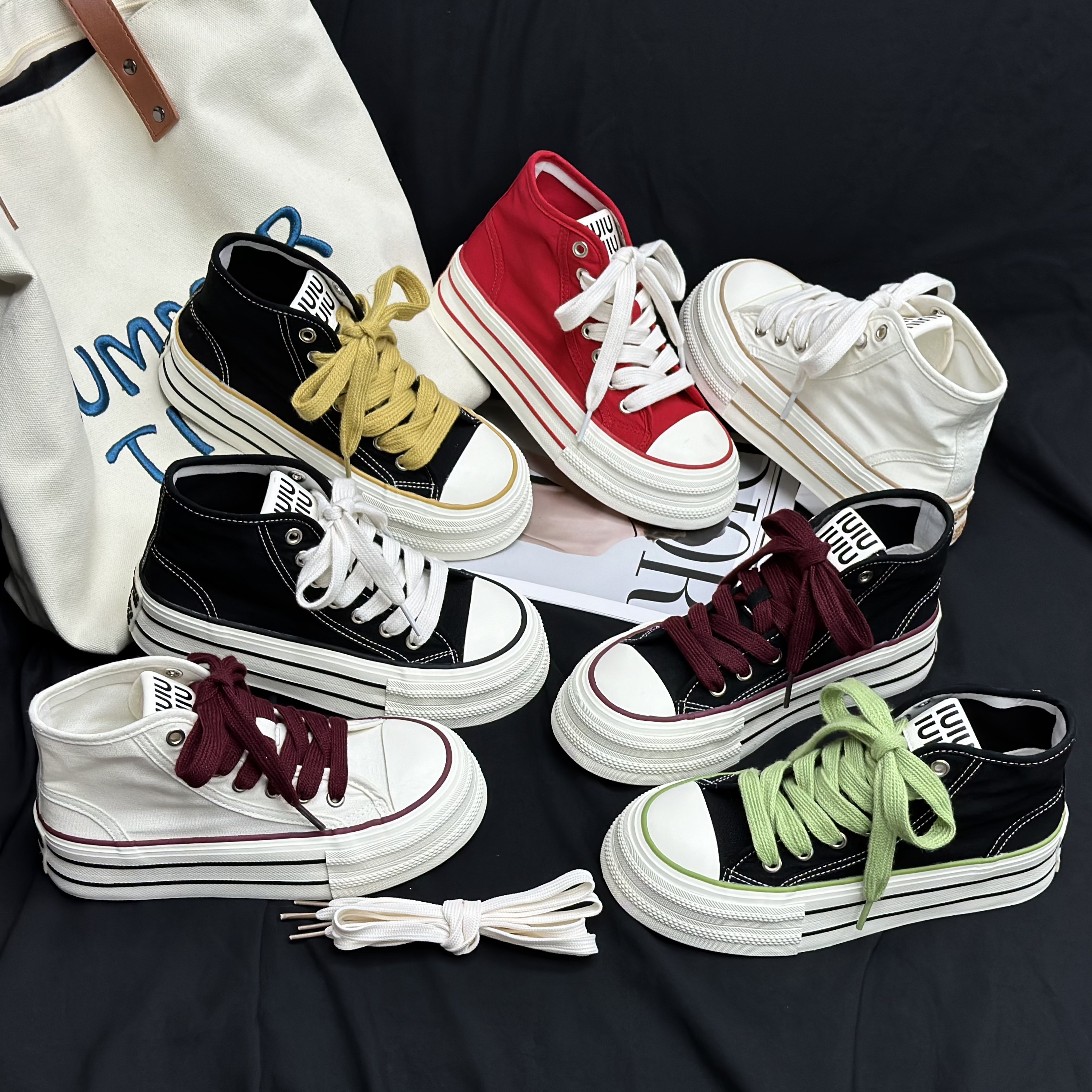 【Xin】2025夏季高帮新款厚底帆布鞋女学院系带爆款圆头小白鞋