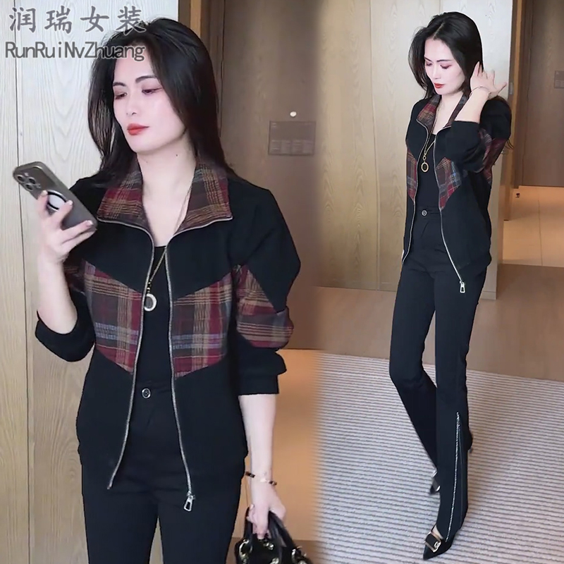 网红宽松型格纹拼接短外套2025秋冬季新款小个子加绒加厚短款上衣