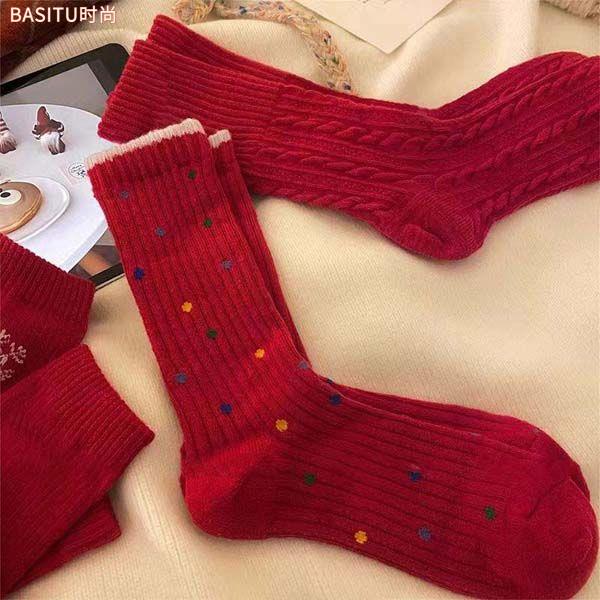 "祝你有始料不及的运气"【暖冬本命红】红色袜子女生本命年中筒袜