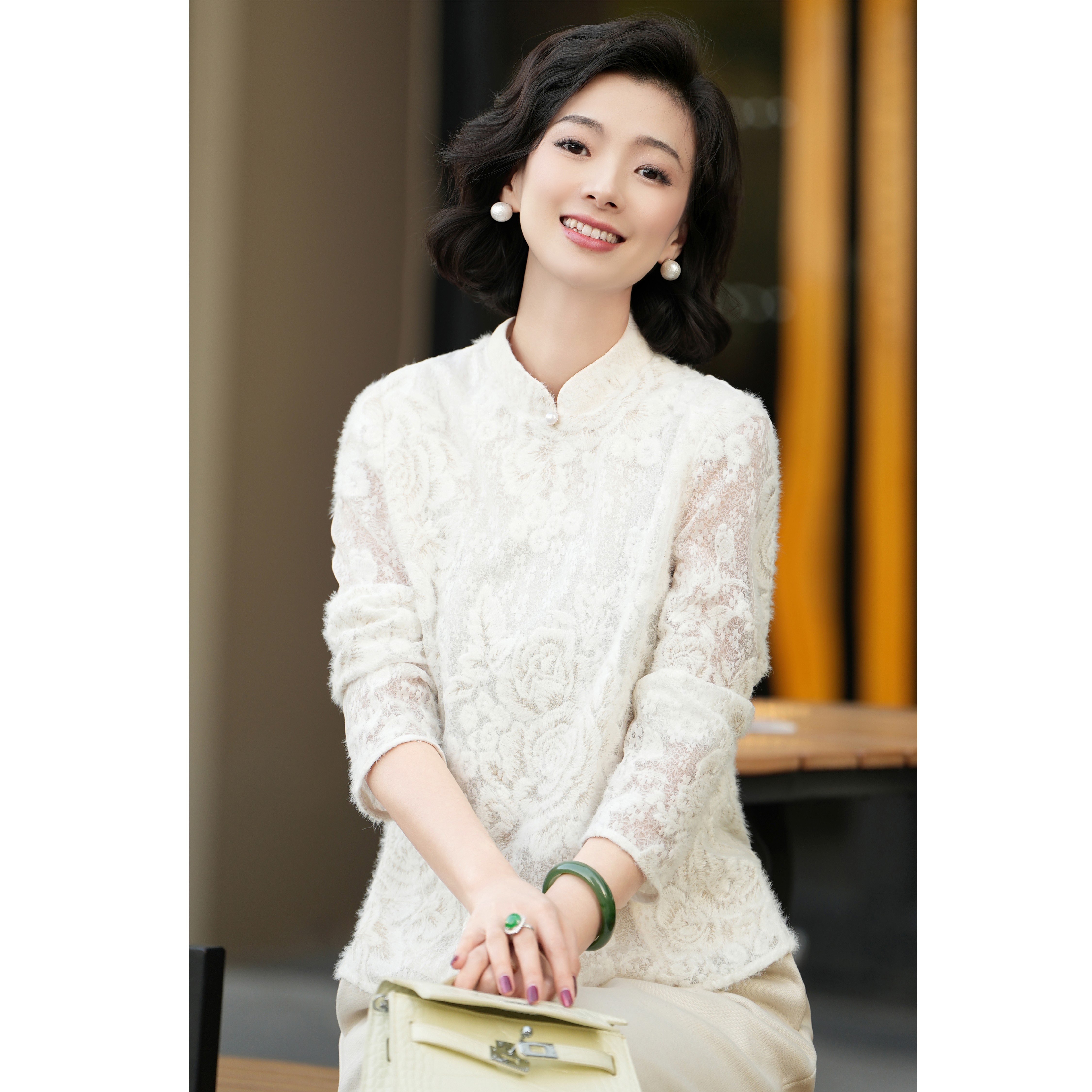 西子/【雪绒花】刺绣串珠立领蕾丝毛衣打底衫/SYBH862