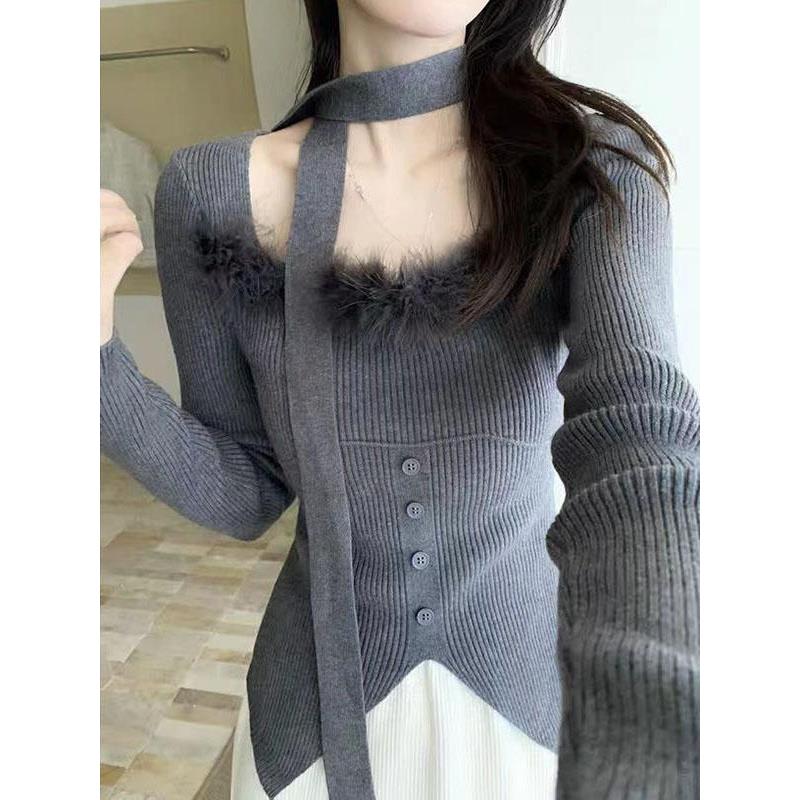 法式毛毛拼接修身显瘦针织衫上衣挂脖飘带女秋冬纯欲掐腰方领毛衣