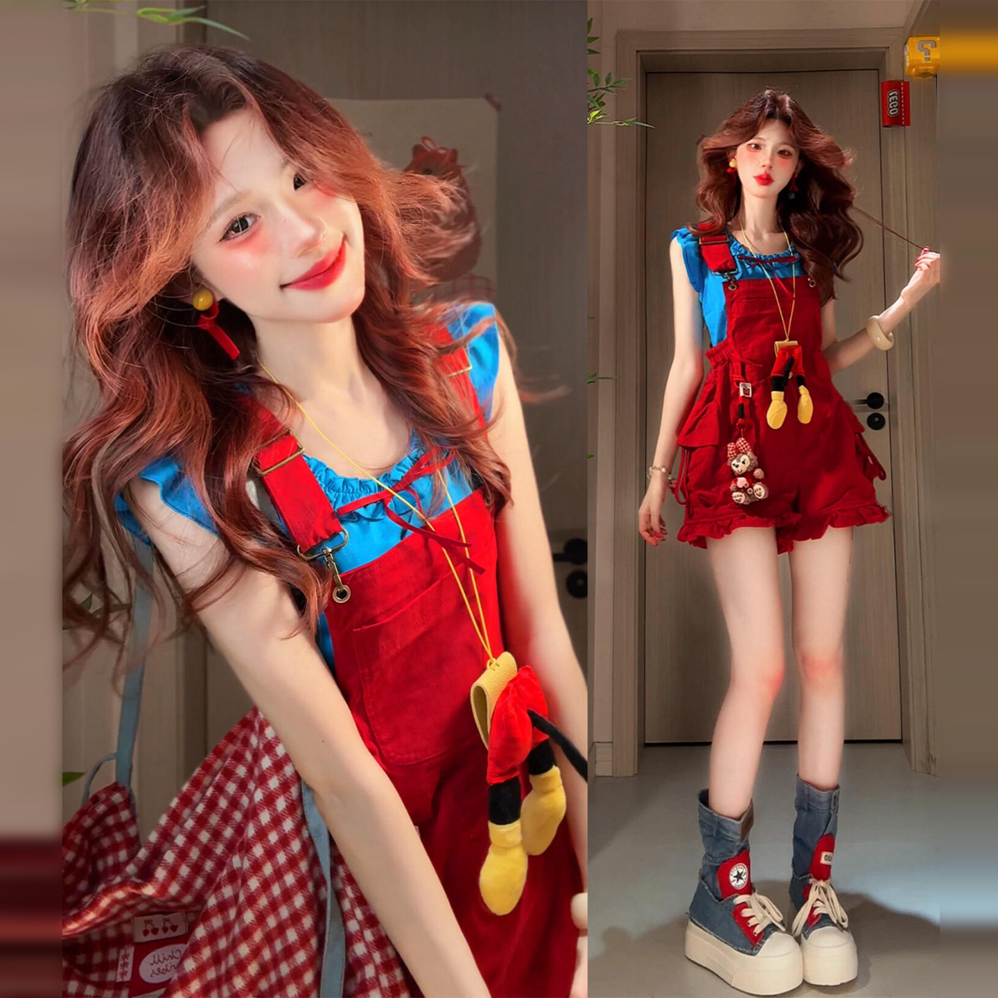 法式学院风红色背带连衣裙子女夏季甜美可爱风格衣服公主短裤套装