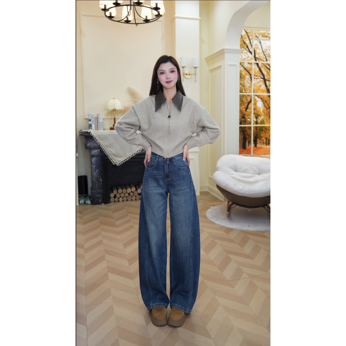 【油画蓝】秋冬新款复古怀旧中高腰宽松显瘦女阔腿弯刀牛仔裤Z0183