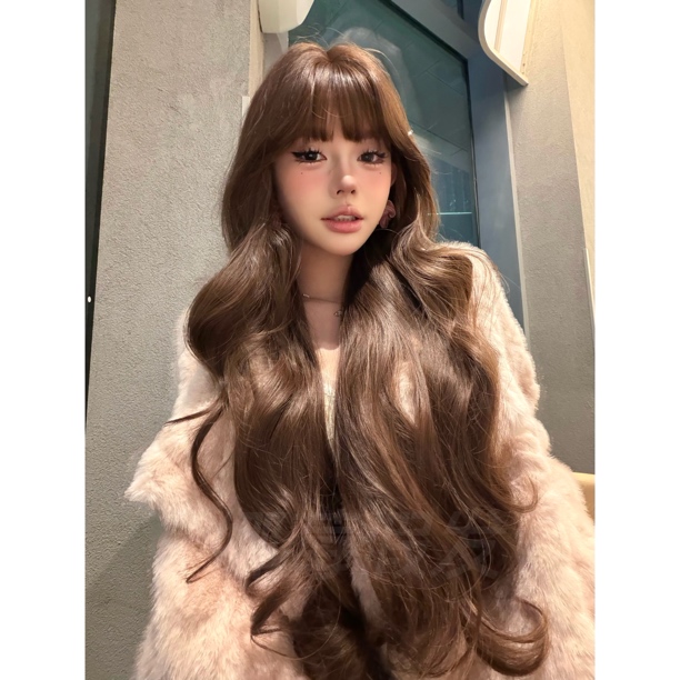 kuku定制【黛丽丝】茶棕色齐刘海长卷发气质自然女生全头套娜莓假发