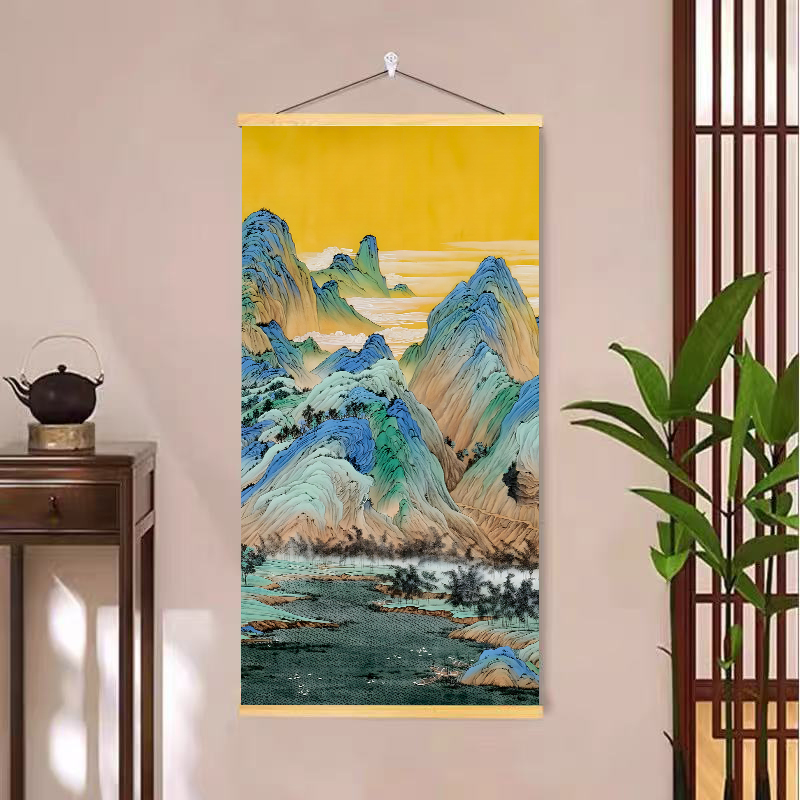 千里江山图挂画青绿山水画竖版客厅玄关走廊过道背景墙壁装饰画