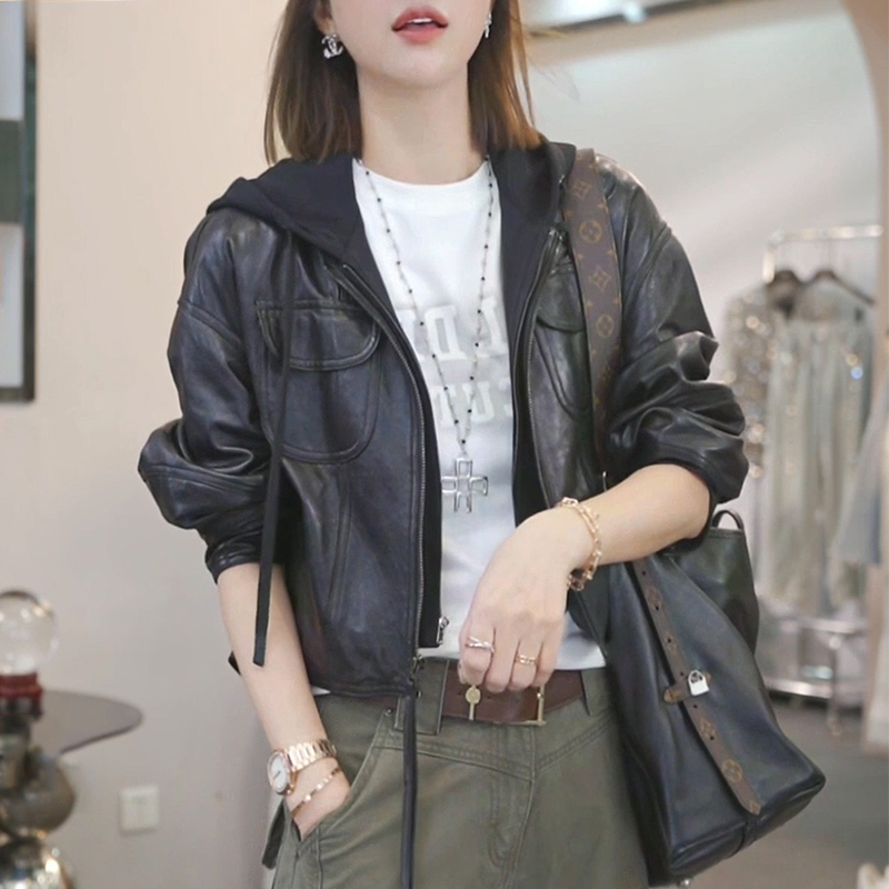 【机车女神】假两件连帽皮衣外套女2025春秋新款炸街夹克开衫上衣潮