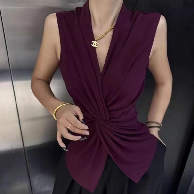 扭结V领无袖T恤女2025夏季新款捏皱不规则设计感时尚百搭洋气上衣