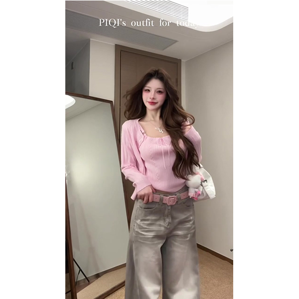 2025韩系气质毛衫百搭针织慵懒感女外套吊带套装牛仔裤套装女