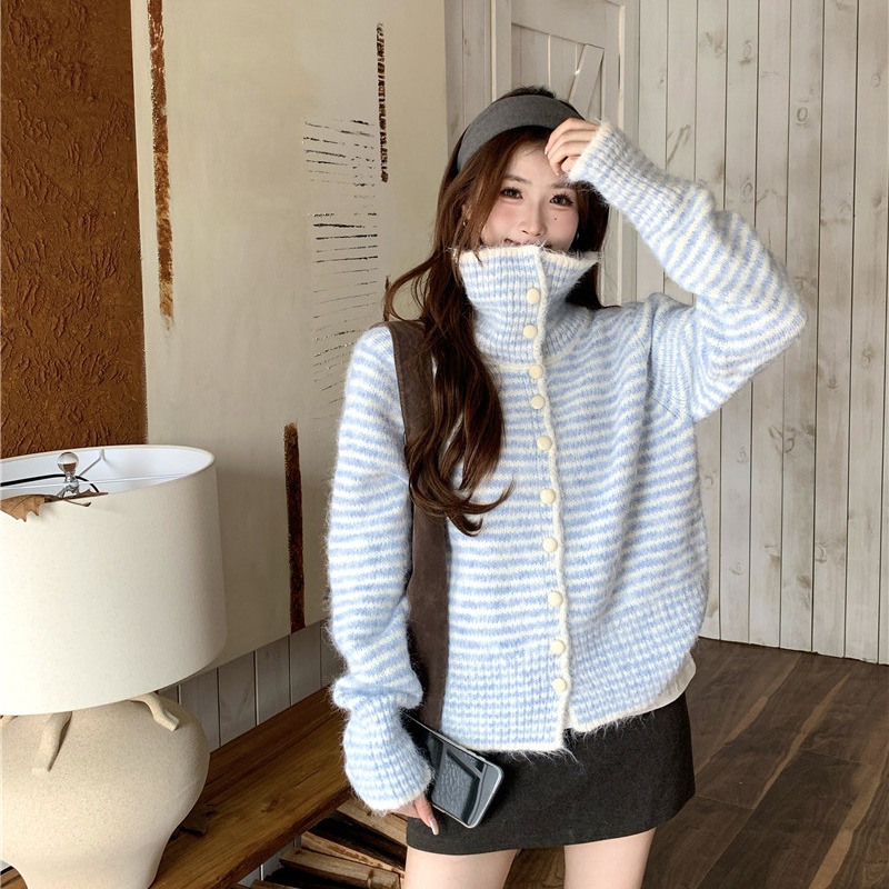 韩系翻领条纹长袖毛衣外套秋冬新款大码女装胖mm宽松软糯