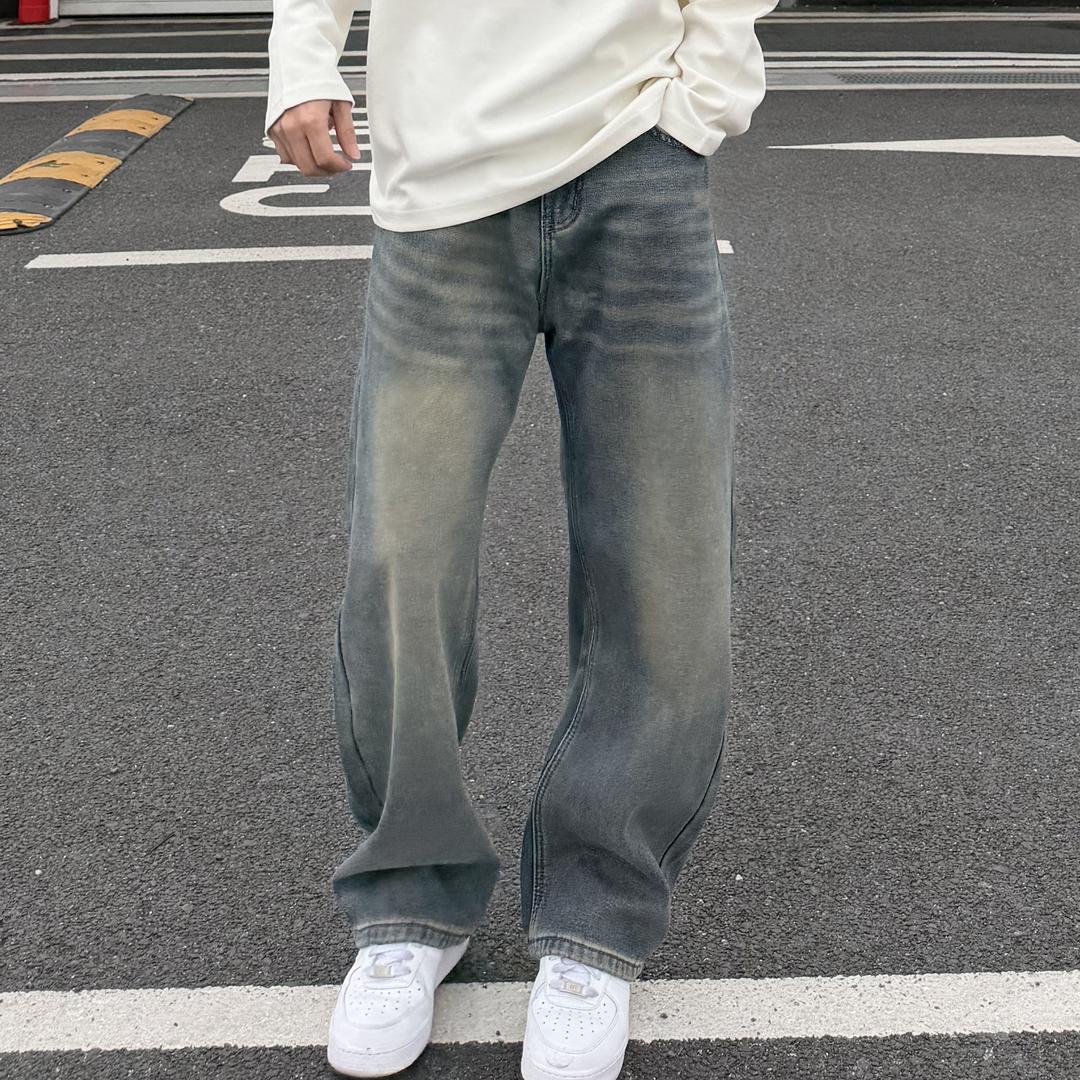 【壹川】2025冬季加绒加厚直筒水洗牛仔裤重磅复古休闲弯刀软牛仔
