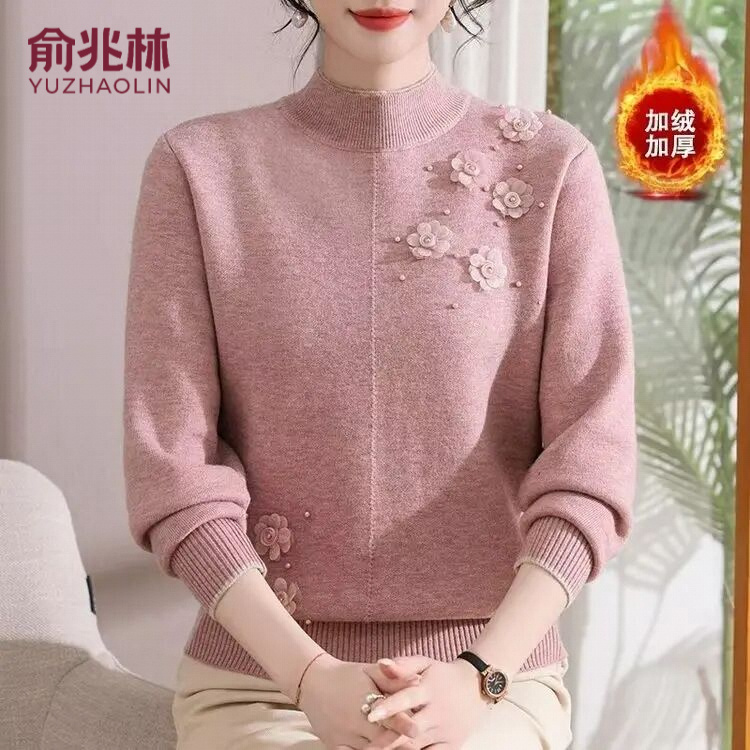 俞兆林2025年中老年加绒针织衫中老年女装肌理常规法式半高领9317
