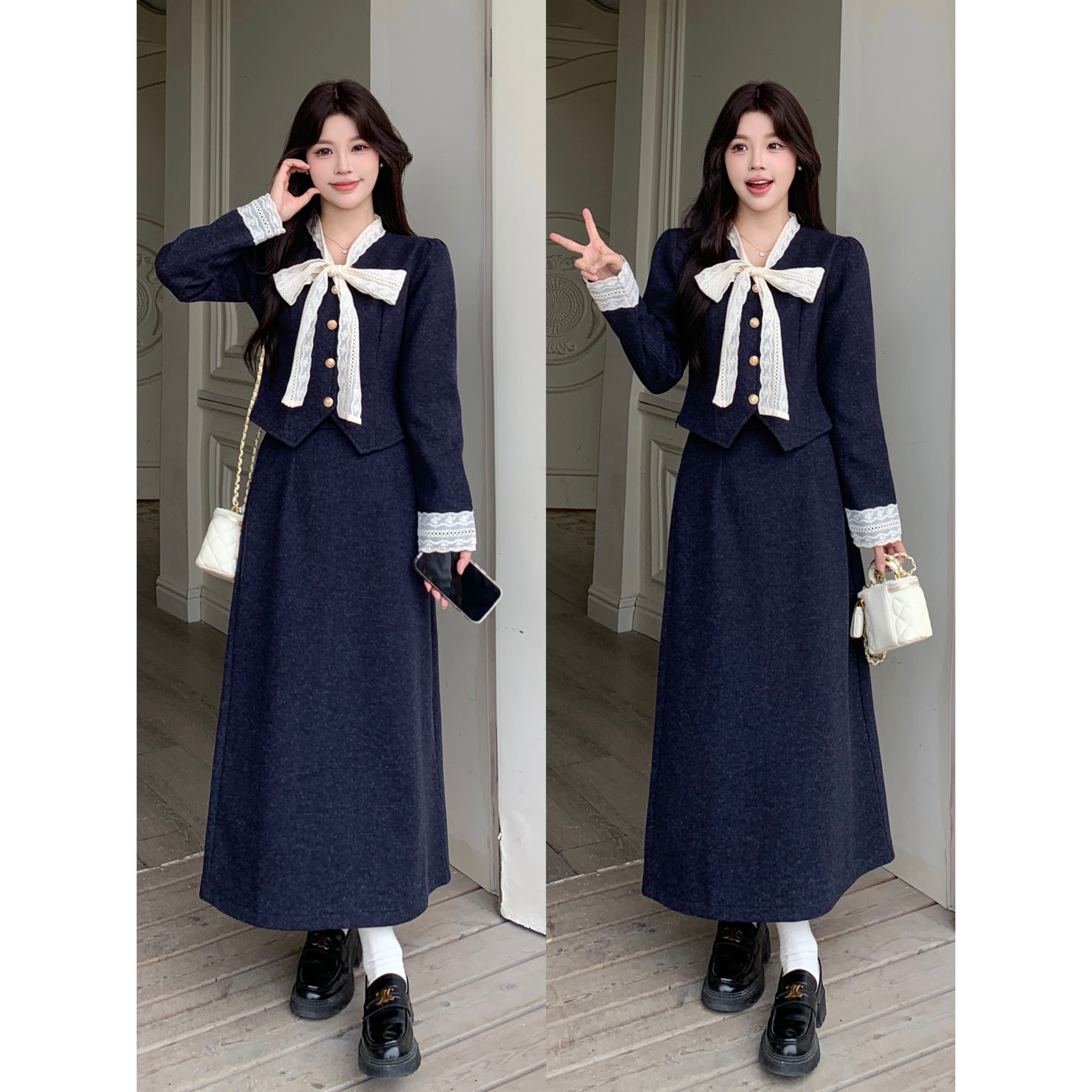 MO88ZSPF鸳鸯梦秋季高端精致大码显瘦气质蝴蝶结系带上衣半裙套装