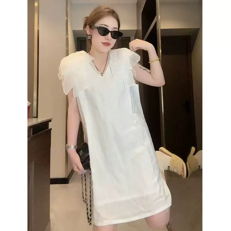 欧洲站2025夏季新款纯色拼接飞飞边v领连衣裙女时尚洋气简约裙子