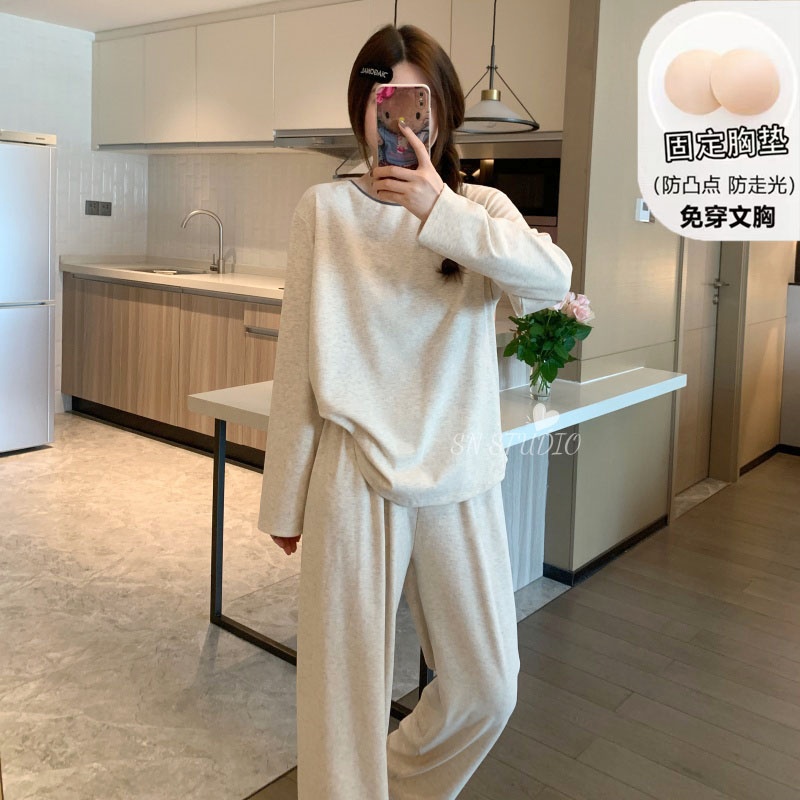 慵懒风带胸垫纯色睡衣女秋冬季2025新款长袖薄绒简约睡衣秋款女