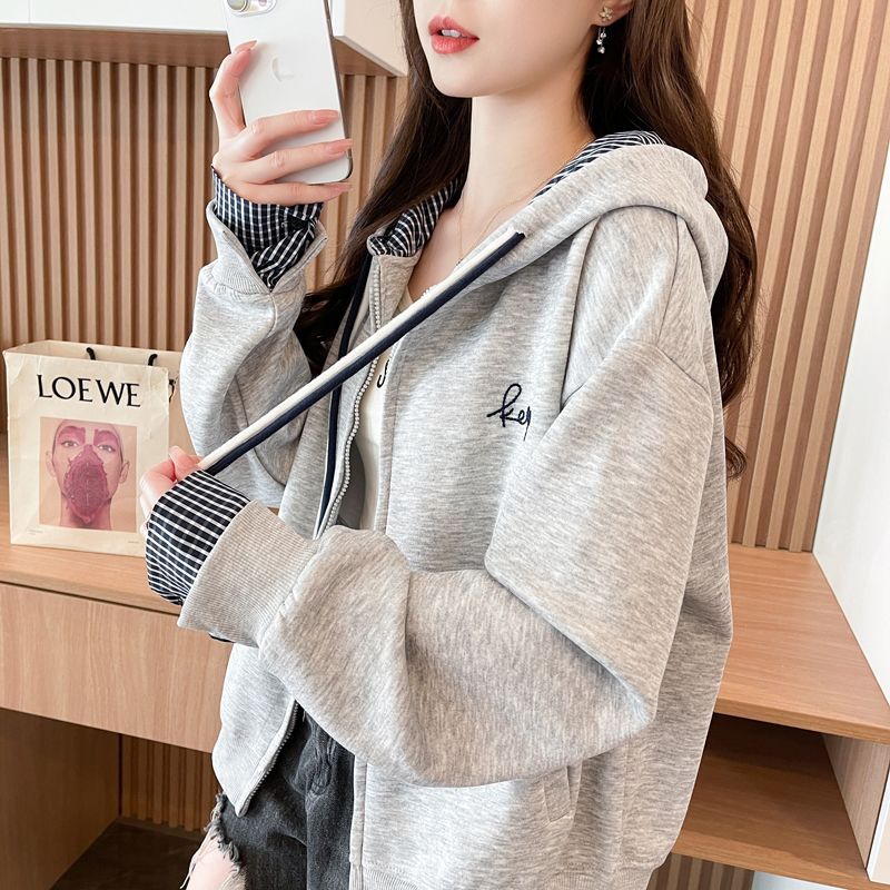 学院风格子拼接假两件薄款开衫卫衣女春秋新款韩版宽松上衣外套潮