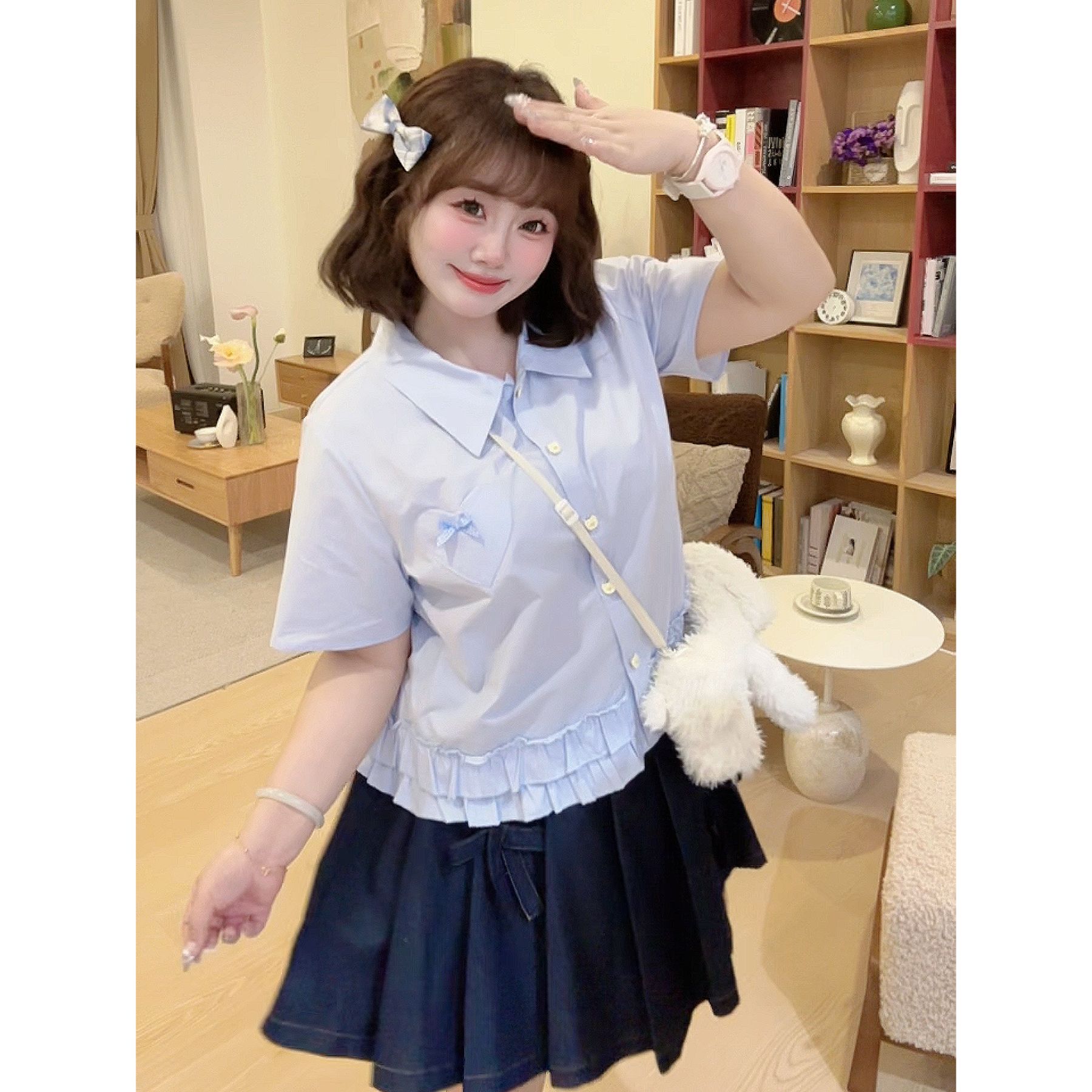 【现货】【返校艺术生】大码甜妹夏款蝴蝶结Polo领衬衫+百褶裙套装