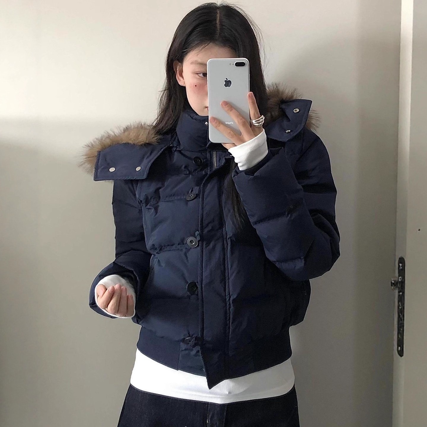 南区菲奥娜藏青色羽绒棉服女2025冬季新款加厚高级感短款棉衣外套