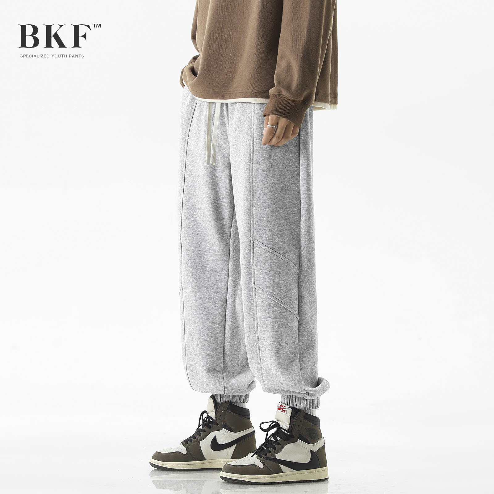 B-K-F灰色卫裤宽松休闲长裤2025新款男士束脚运动裤子春秋季潮