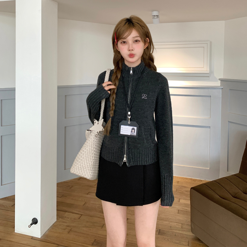 东京岁时记jk秋冬双拉链针织开衫女小个子深灰色毛衣上衣保暖外套