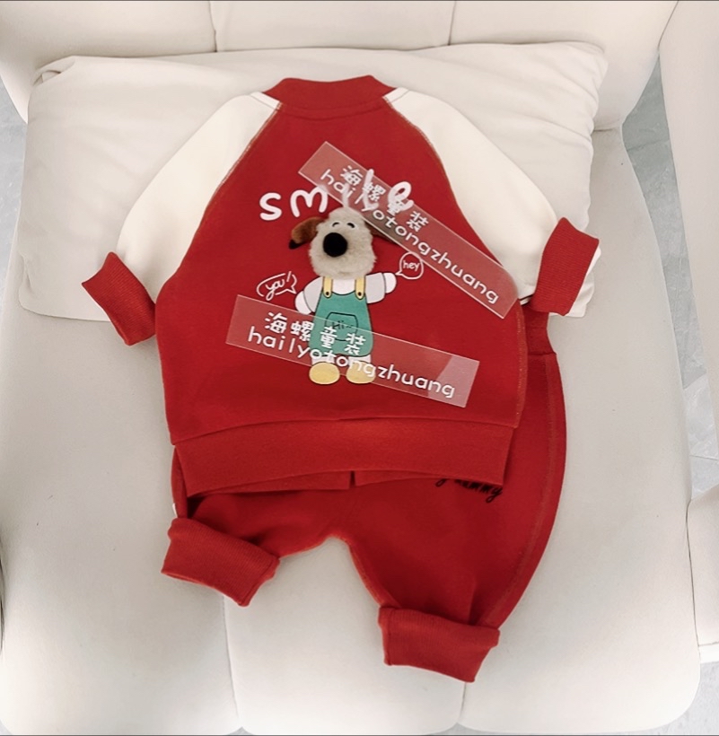 春季新款单层宝宝套装儿童无骨外套裤子立体小狗套装宝宝外穿衣服