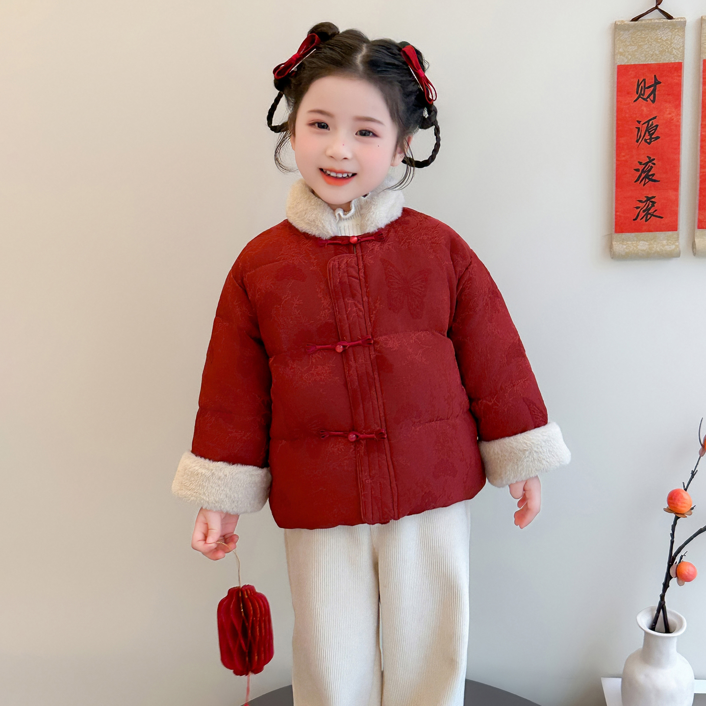 拜年服女童加绒棉服冬季2025新款宝宝新中式加厚冬装红色棉衣外套