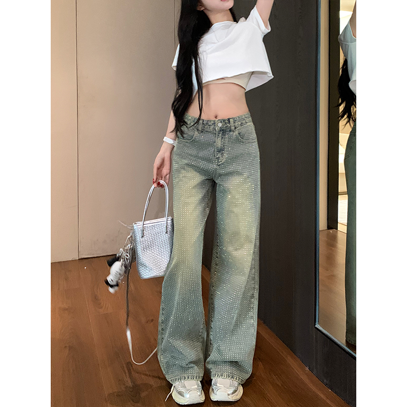 怀旧满天星水钻阔腿牛仔裤女2025冬季新款高腰宽松显瘦复古拖地裤