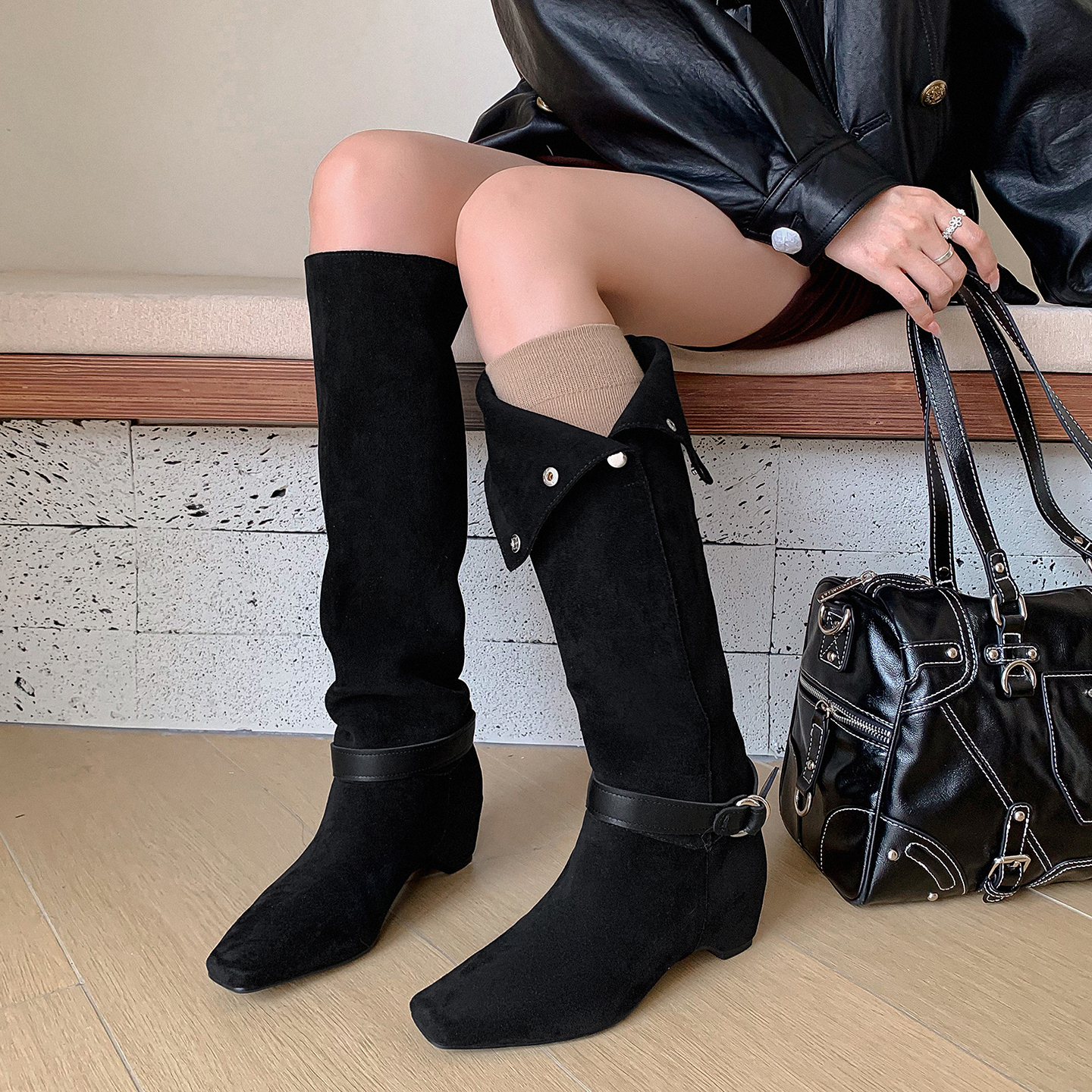 VICEN FIFI5cm羊皮2025新款骑士靴女长靴内增高机车靴不过膝靴子