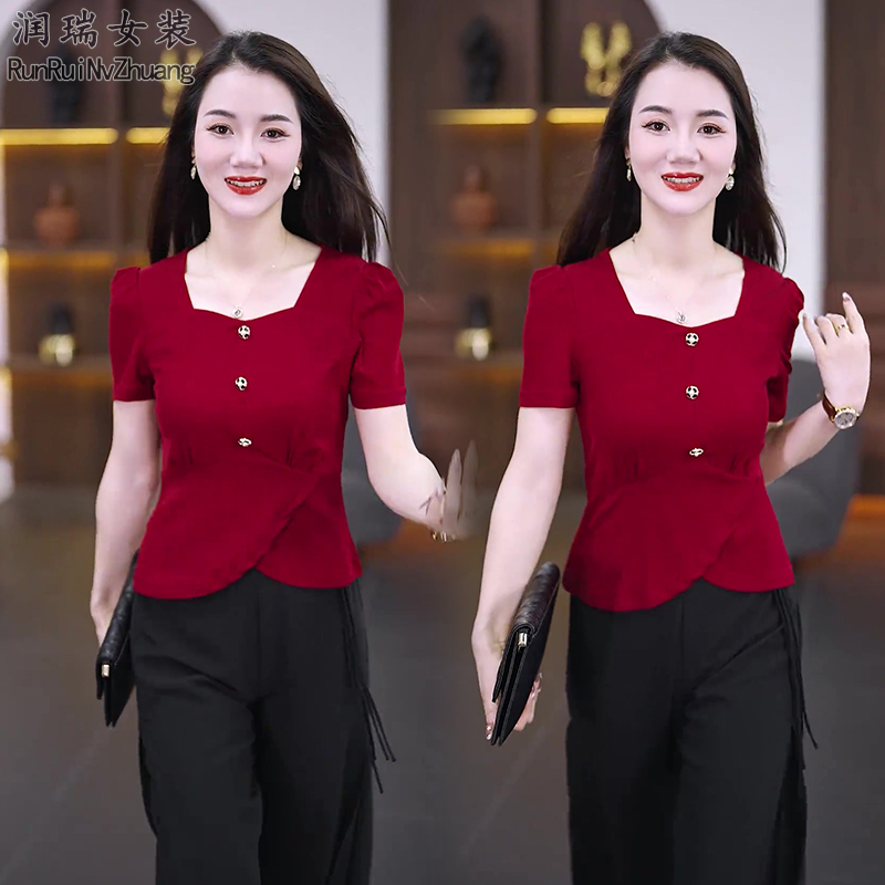 收腰显瘦短袖韩版洋气时尚小衫休闲风短款时尚通勤风红色女装潮流