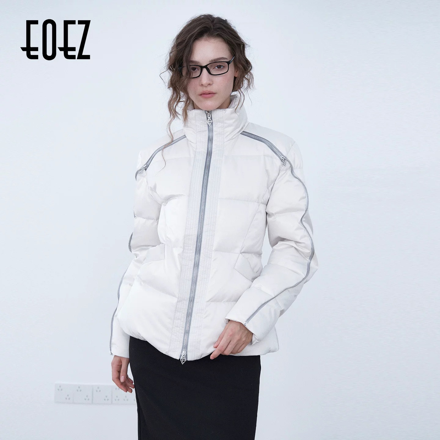 「YJXD」eoez白色缎光鎏影御寒鹅绒服收腰羽绒服经典优雅显瘦新款