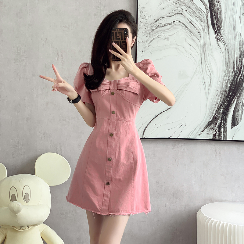 牛仔连衣裙女夏季法式茶歇桔梗蝴蝶结气质收腰小个子短款裙子