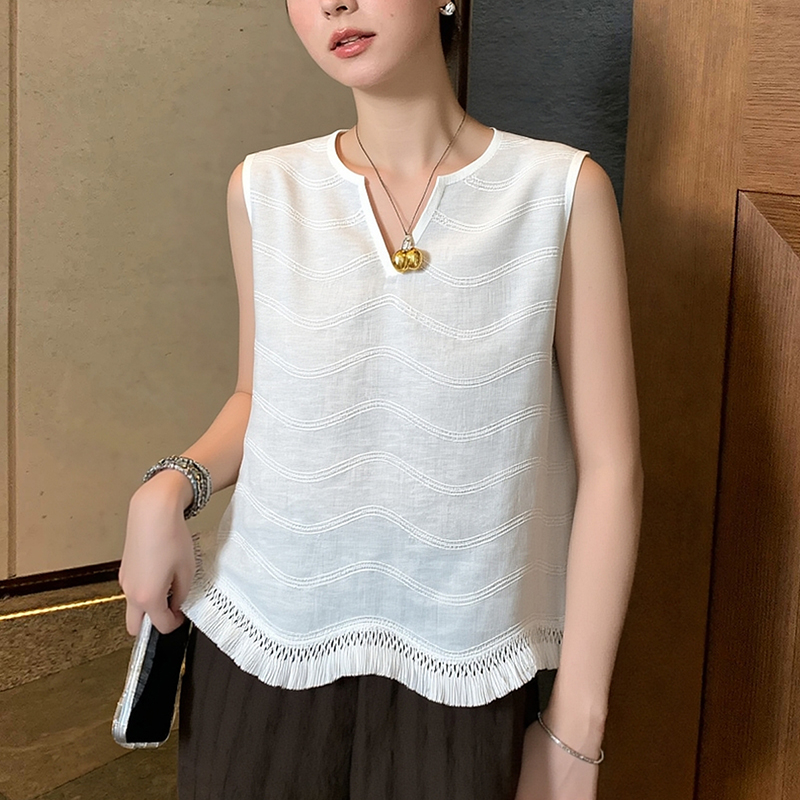2025夏季新款女白色亚麻流苏无袖T恤时尚显瘦减龄高级感背心上衣