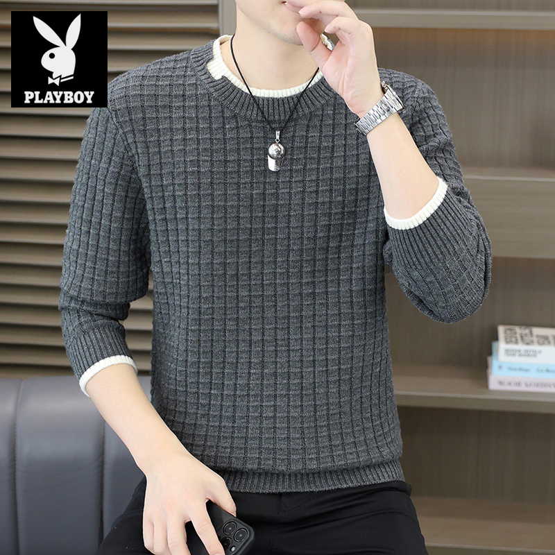 花花公子男士秋拉链长袖冬季圆领毛衣针织衫加绒潮流半高领打底衫