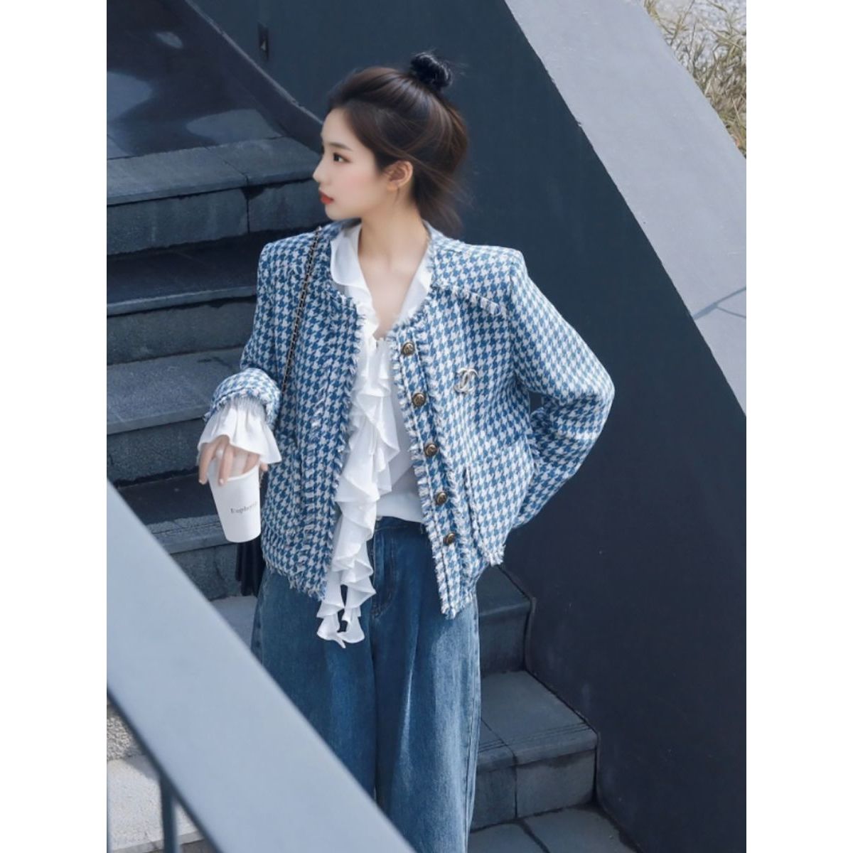 小香风外套女2025新款春秋款小个子复古港风小众高级感千鸟格上衣