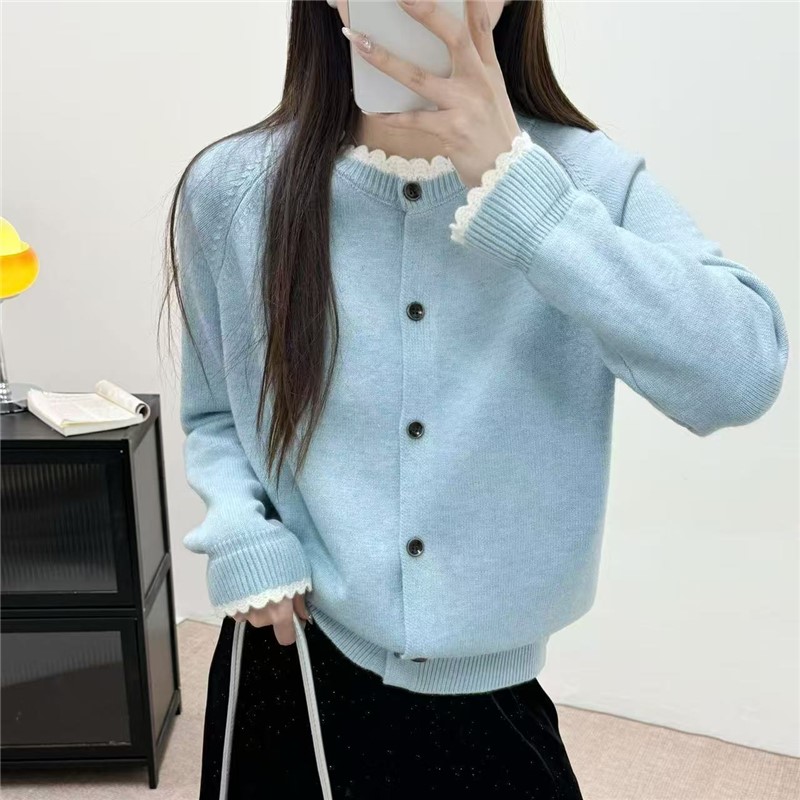 秋冬新款蕾丝毛衣外套开衫女内搭外穿时髦洋气花边领针织衫外搭