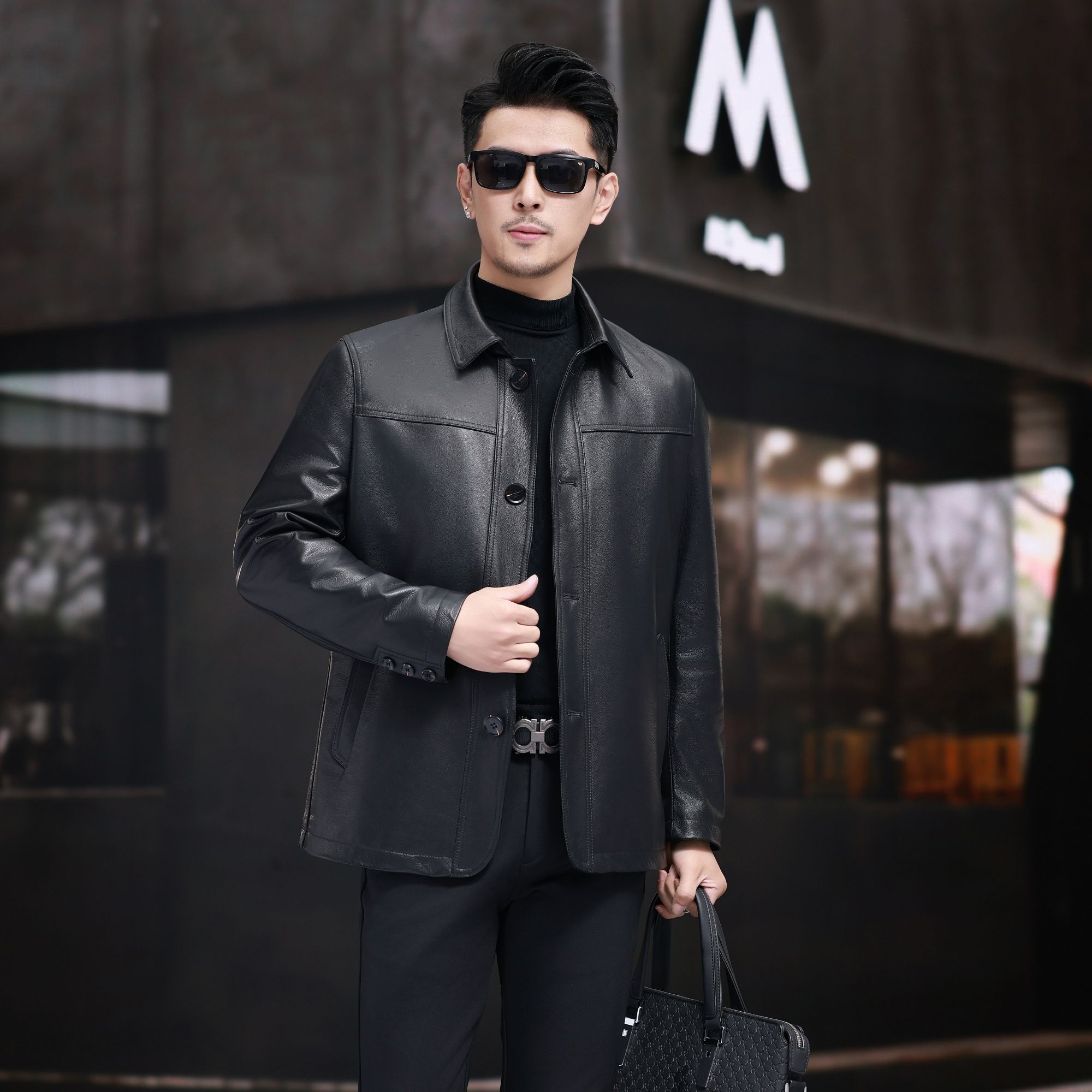 905男士真皮皮衣头层牛皮时尚修身中长款水貂翻领商务爸爸装外套