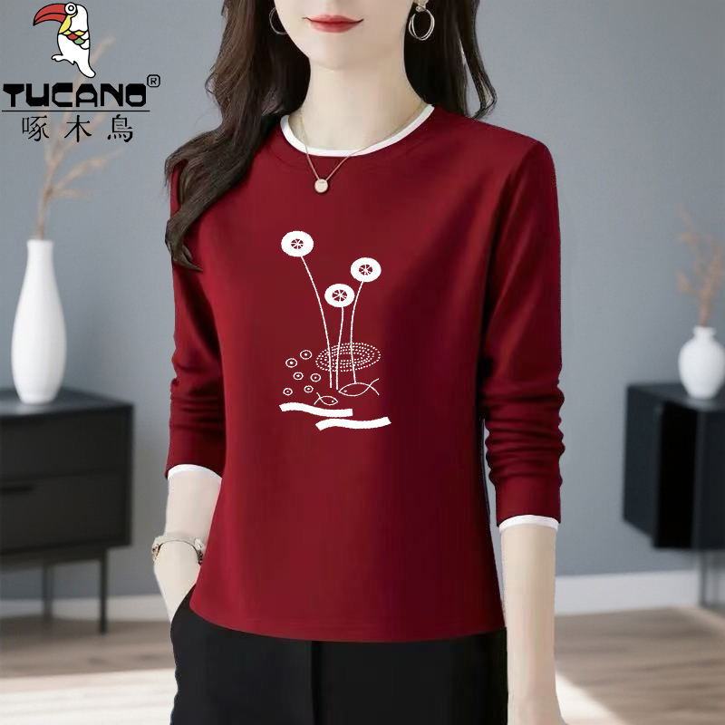 啄木鸟纯棉长袖T恤女士秋冬韩版休闲百搭宽松显瘦薄款打底衫上衣