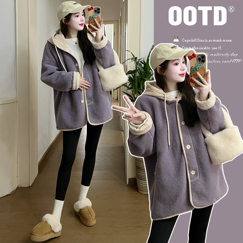 孕妇冬装加绒加厚羔毛外套优质加厚羊羔绒时尚洋气大码韩版