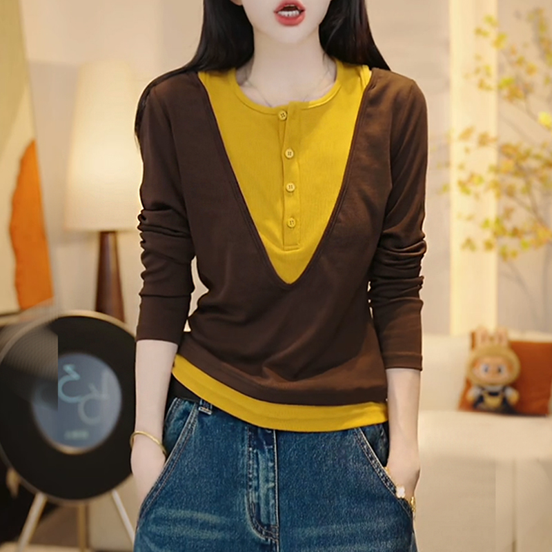 大码拼接假两件T恤女2025秋季新款高级感宽松显瘦时尚打底衫上衣