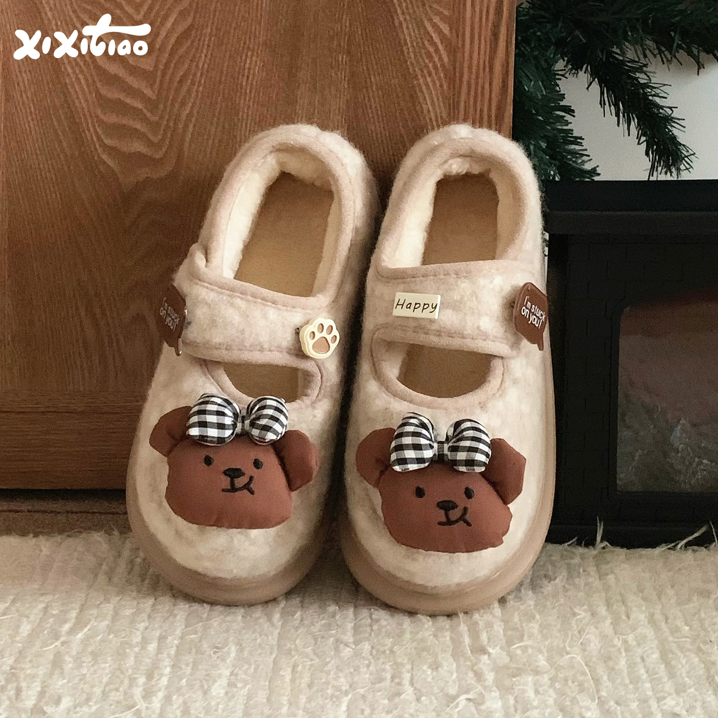 细细条 格子蝴蝶结小熊魔术贴毛毛棉鞋女冬防滑厚底玛丽珍豆豆鞋