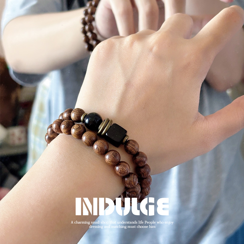 新中式金丝檀木双圈叠戴手串高级感盘玩情侣款时尚手饰饰品国潮风