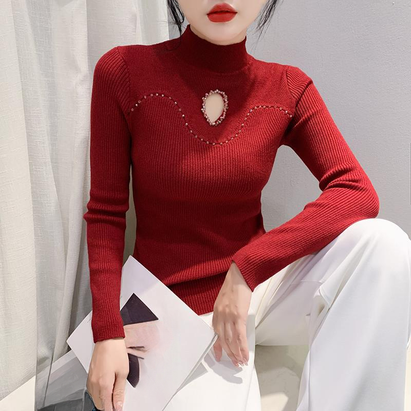 2025秋冬新款时尚钉珠性感镂空针织衫长袖半高领内搭毛衣女潮修身