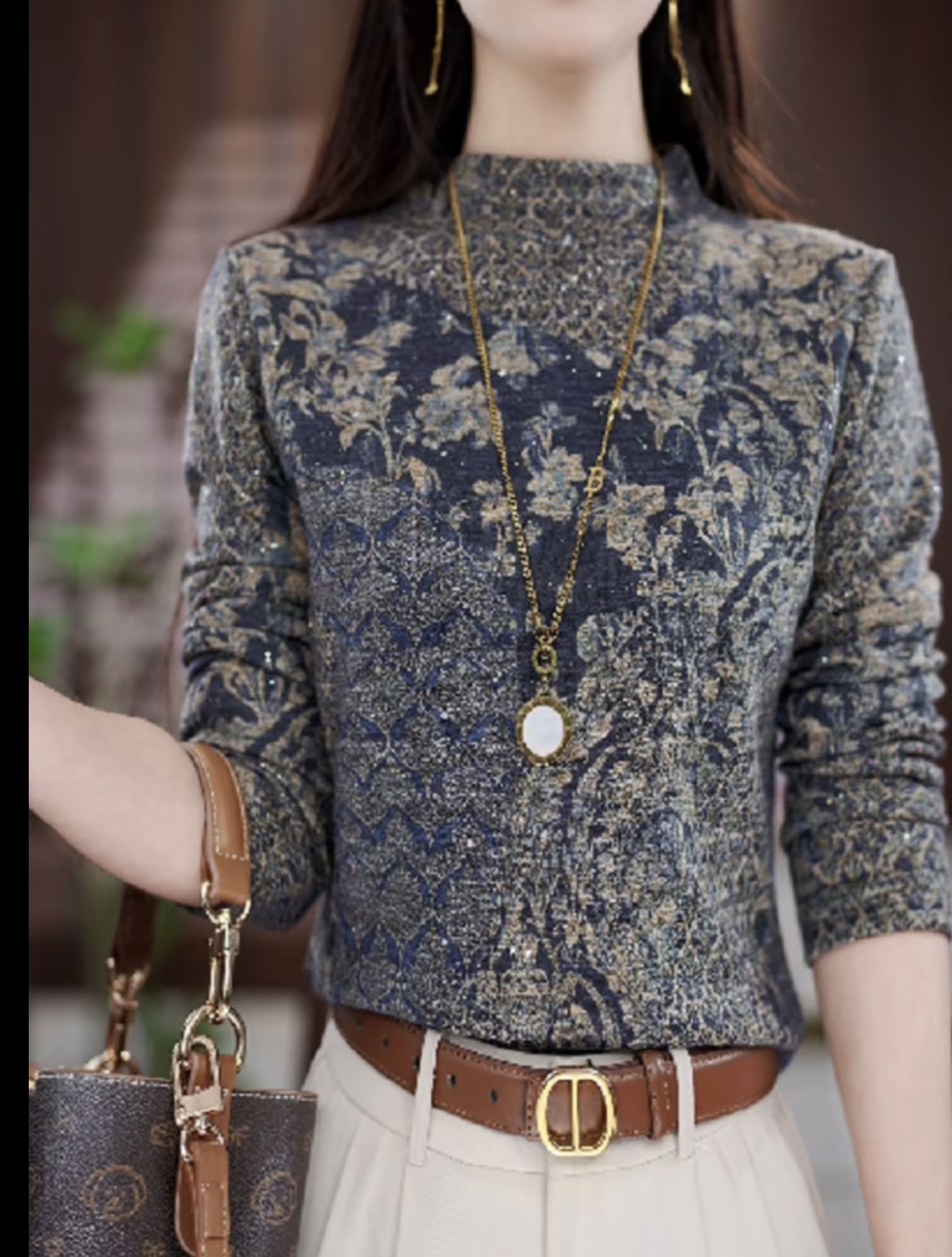 （德绒）打底衫女秋冬新款气质上衣半高领妈妈长袖内搭时尚复古1116