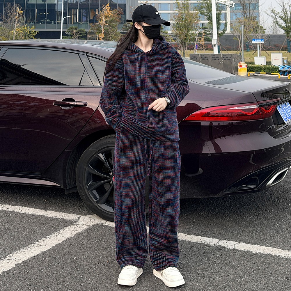 冬季新款男士轻奢潮牌加绒小香风连帽套头卫衣休闲裤两件套套装